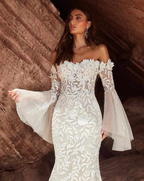 Lp2426 off the shoulder boho wedding dress with bell sleeves and sheath silhouette1